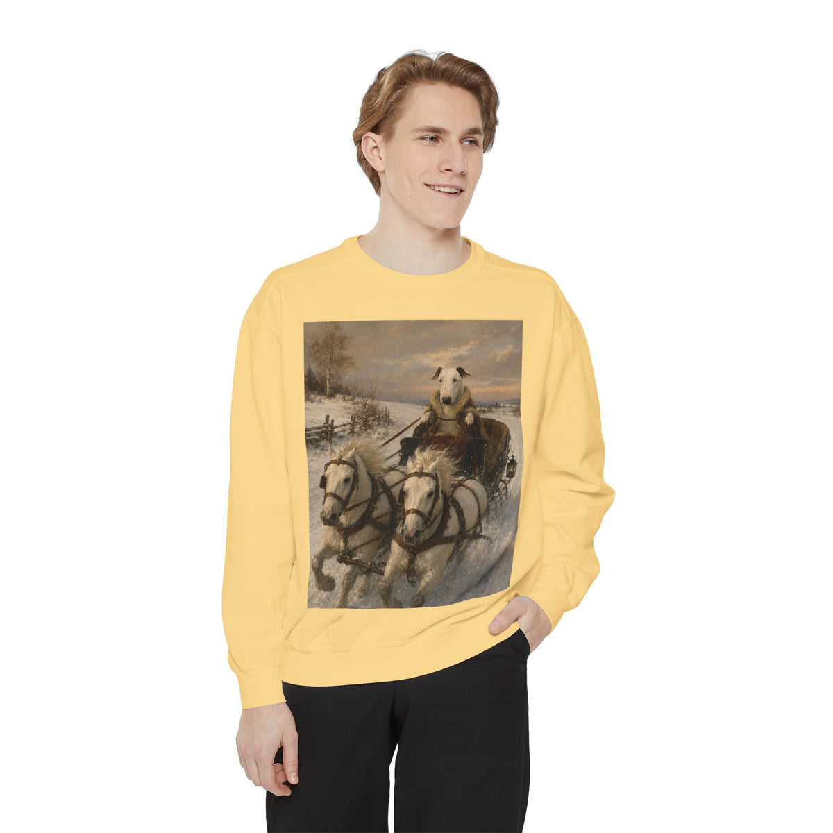 Bull Terrier Sleigh Ride — after Alfred Wierusz-Kowalski, c.1890 | Crewneck