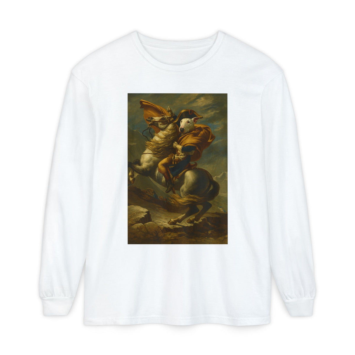 Bull Terrier Napoleon Crossing the Alps — after Jacques-Louis David, 1801 | Long Sleeve