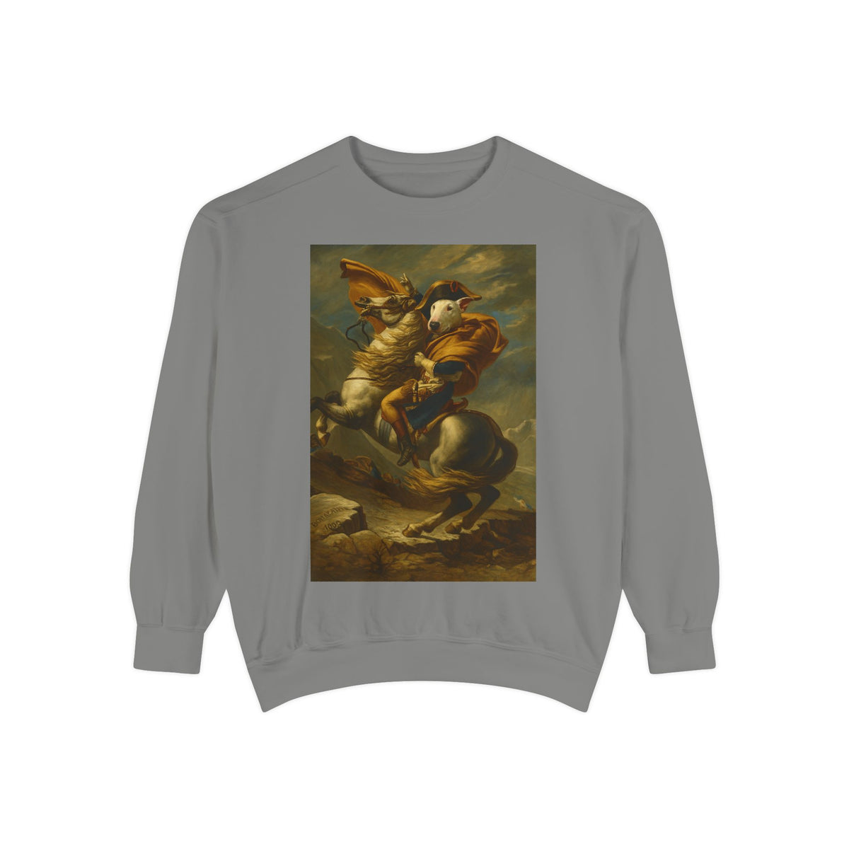 Bull Terrier Napoleon Crossing the Alps — after Jacques-Louis David, 1801 | Crewneck