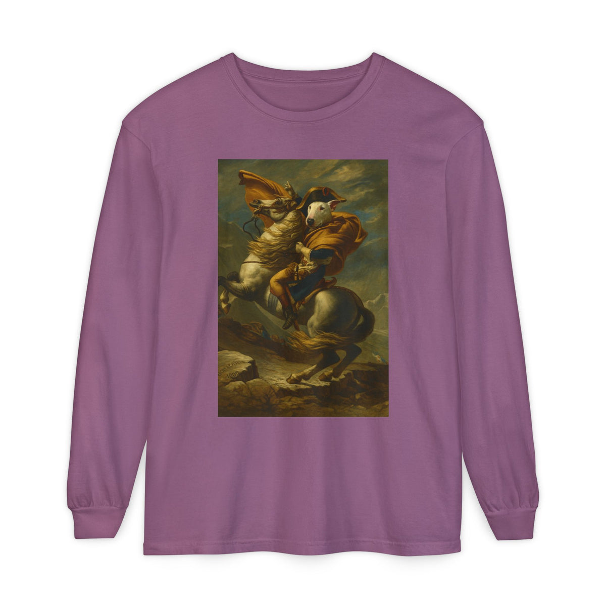 Bull Terrier Napoleon Crossing the Alps — after Jacques-Louis David, 1801 | Long Sleeve