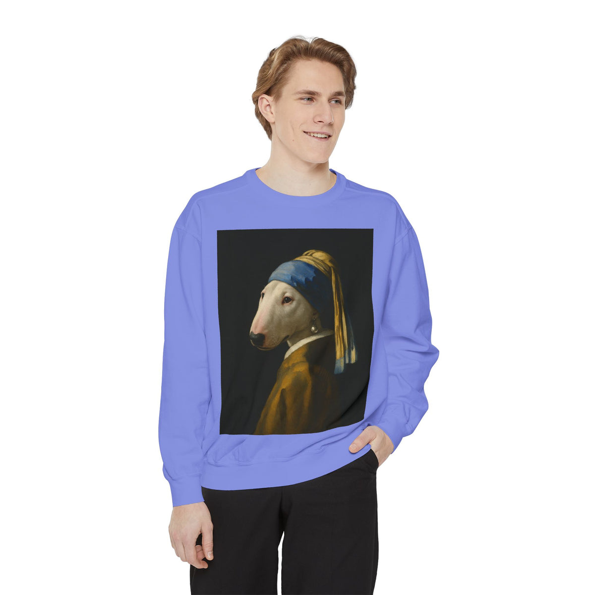 Bull Terrier Girl with a Pearl Earring — after Johannes Vermeer, c.1665 | Crewneck