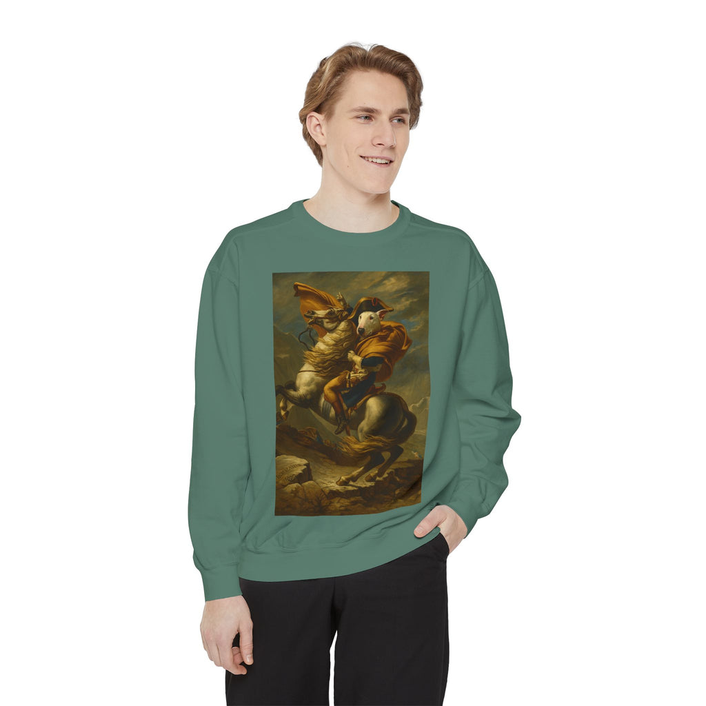 Bull Terrier Napoleon Crossing the Alps — after Jacques-Louis David, 1801 | Crewneck