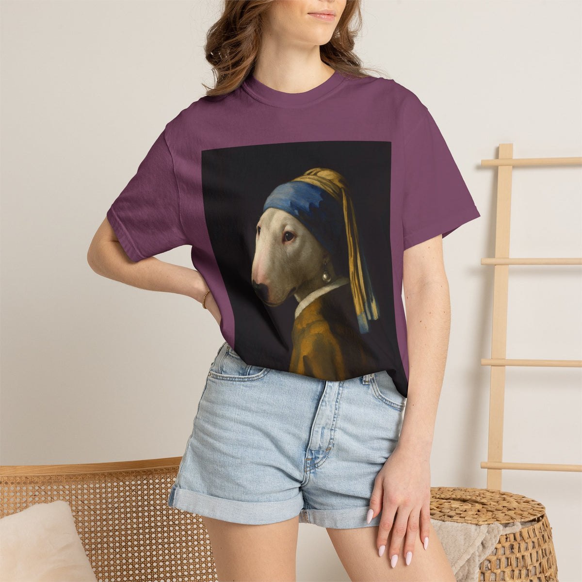 Bull Terrier Girl with a Pearl Earring — after Johannes Vermeer, c.1665 | Garment-Dyed Tee