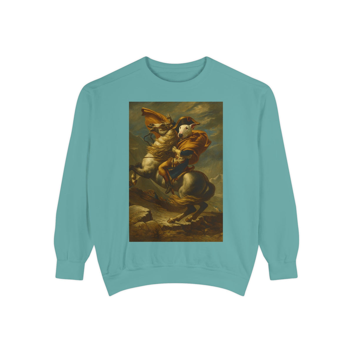 Bull Terrier Napoleon Crossing the Alps — after Jacques-Louis David, 1801 | Crewneck
