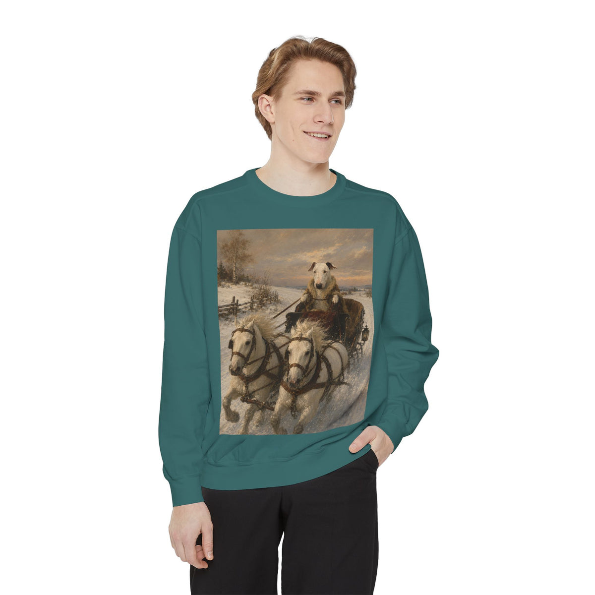 Bull Terrier Sleigh Ride — after Alfred Wierusz-Kowalski, c.1890 | Crewneck
