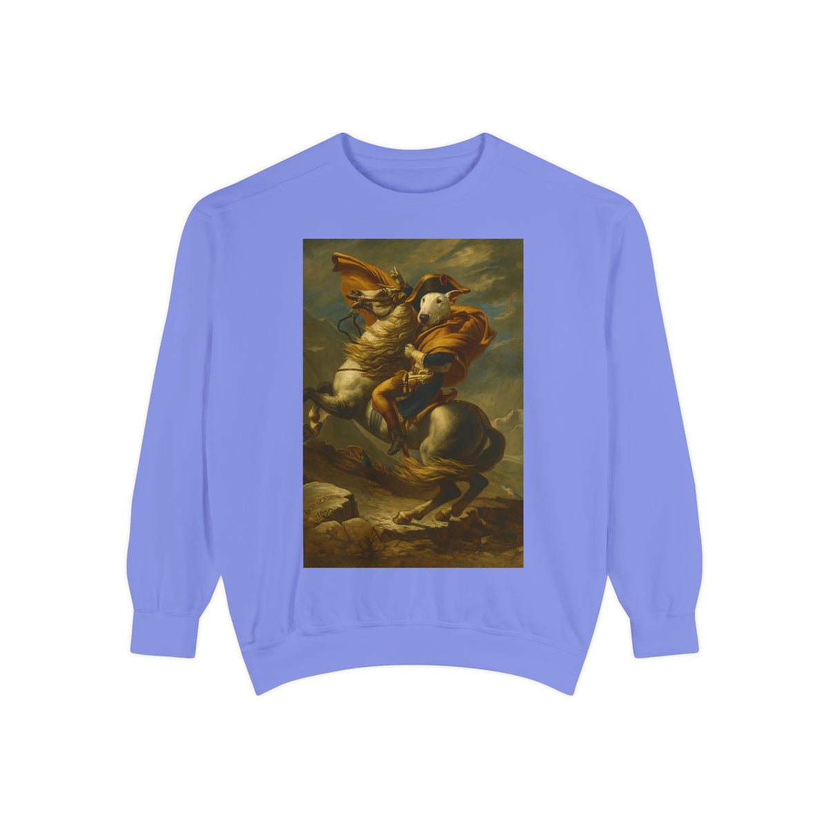 Bull Terrier Napoleon Crossing the Alps — after Jacques-Louis David, 1801 | Crewneck