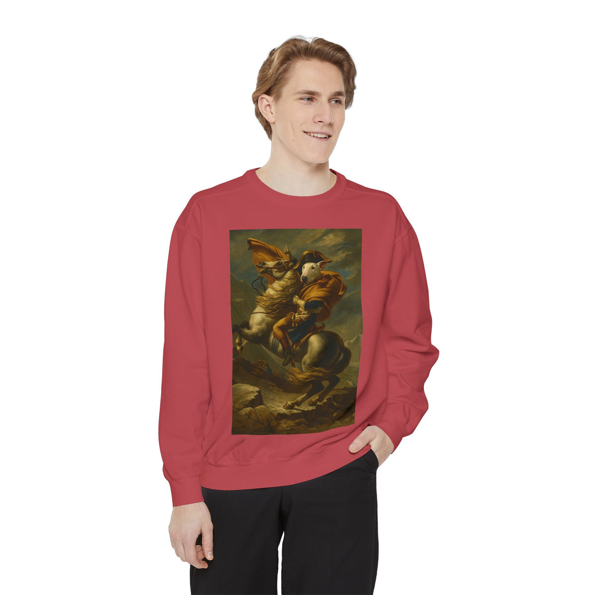 Bull Terrier Napoleon Crossing the Alps — after Jacques-Louis David, 1801 | Crewneck
