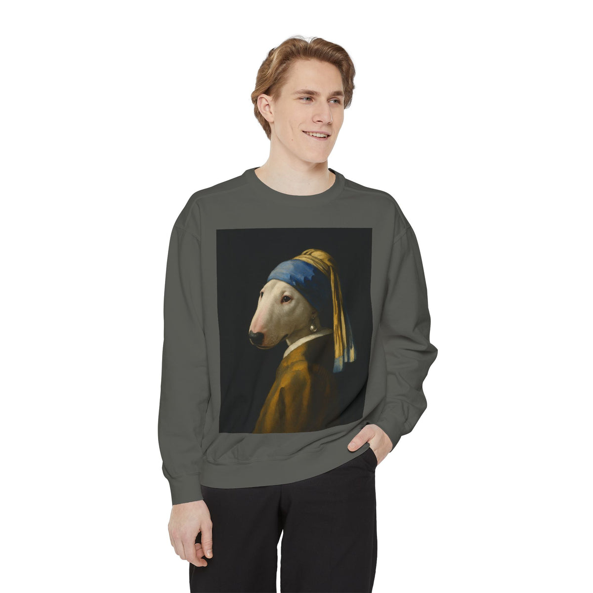 Bull Terrier Girl with a Pearl Earring — after Johannes Vermeer, c.1665 | Crewneck