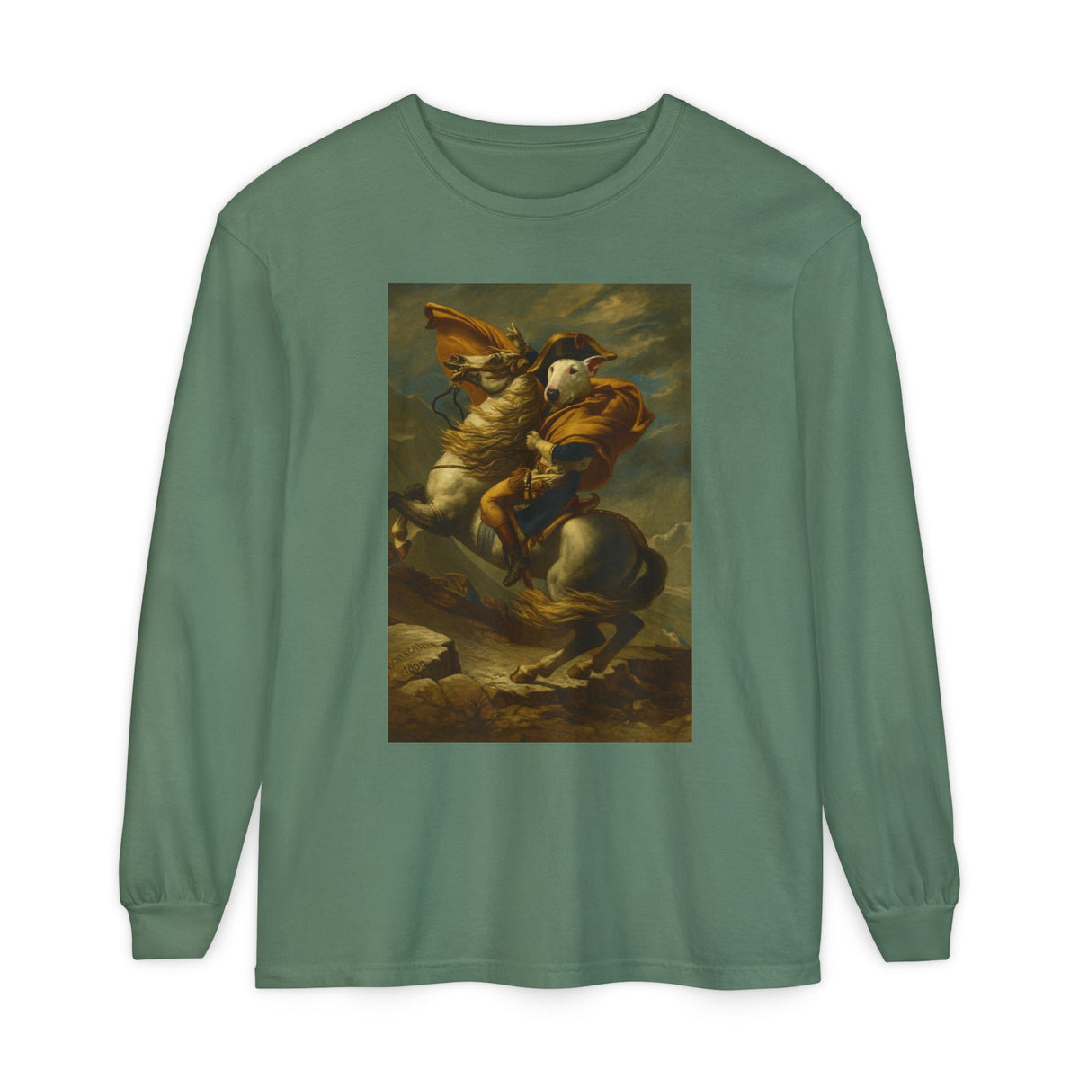 Bull Terrier Napoleon Crossing the Alps — after Jacques-Louis David, 1801 | Long Sleeve