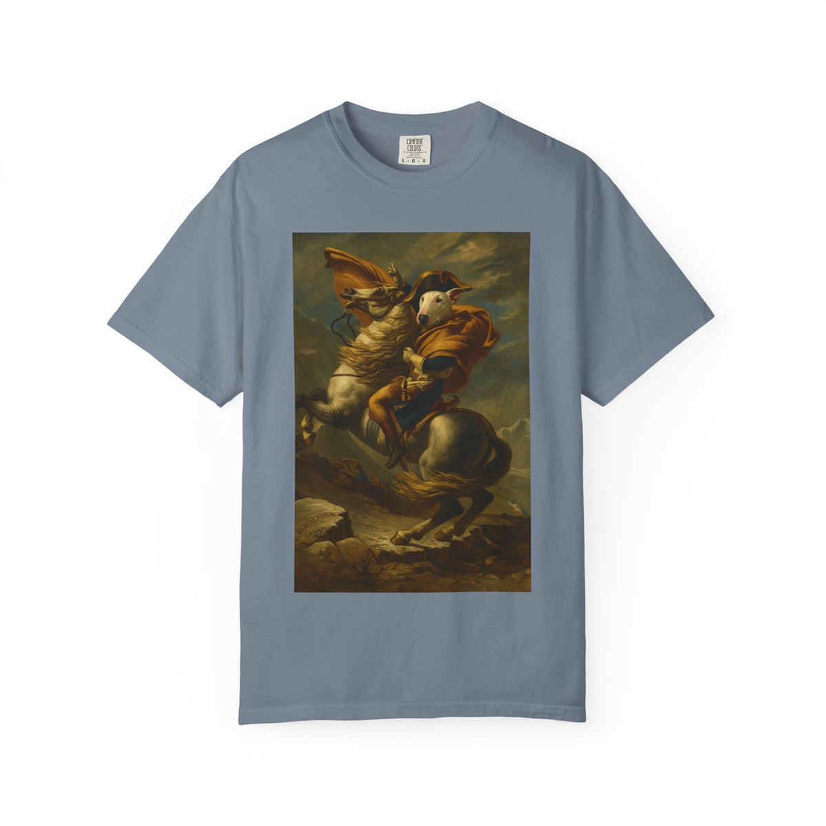 Bull Terrier Napoleon Crossing the Alps — after Jacques-Louis David, 1801 | Garment-Dyed Tee
