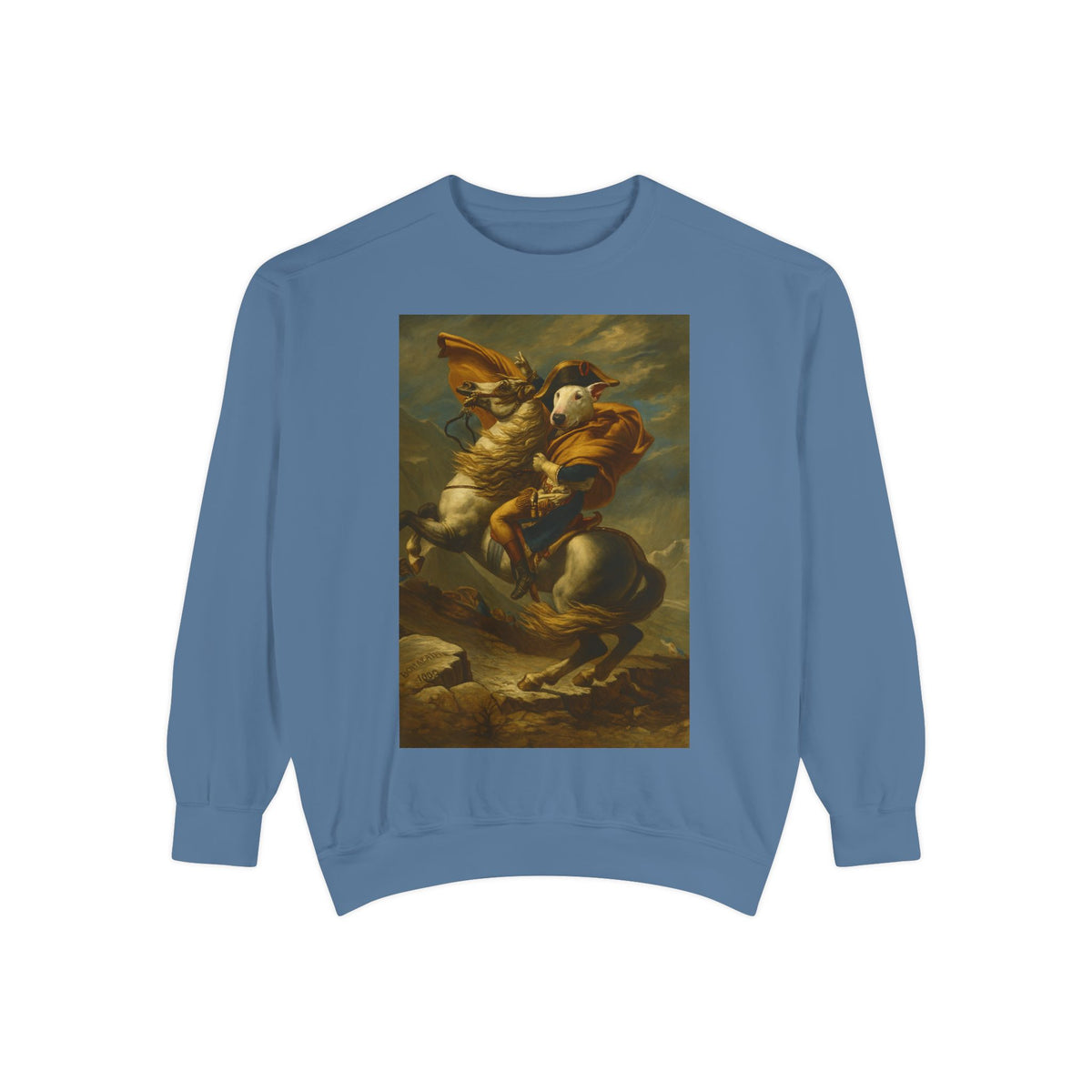 Bull Terrier Napoleon Crossing the Alps — after Jacques-Louis David, 1801 | Crewneck