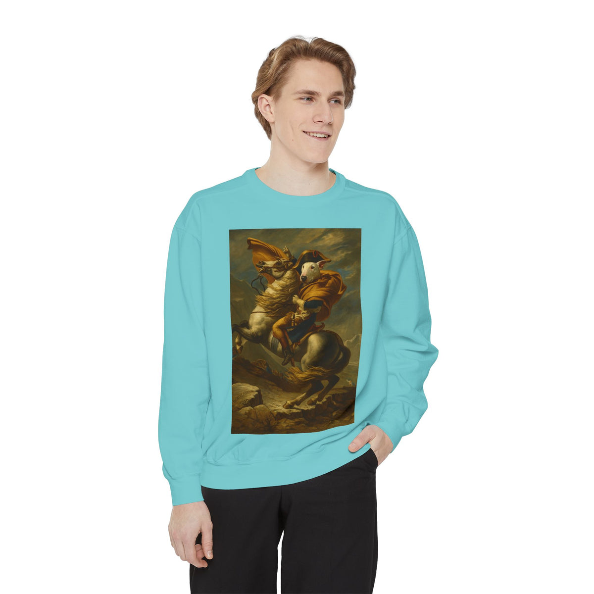 Bull Terrier Napoleon Crossing the Alps — after Jacques-Louis David, 1801 | Crewneck