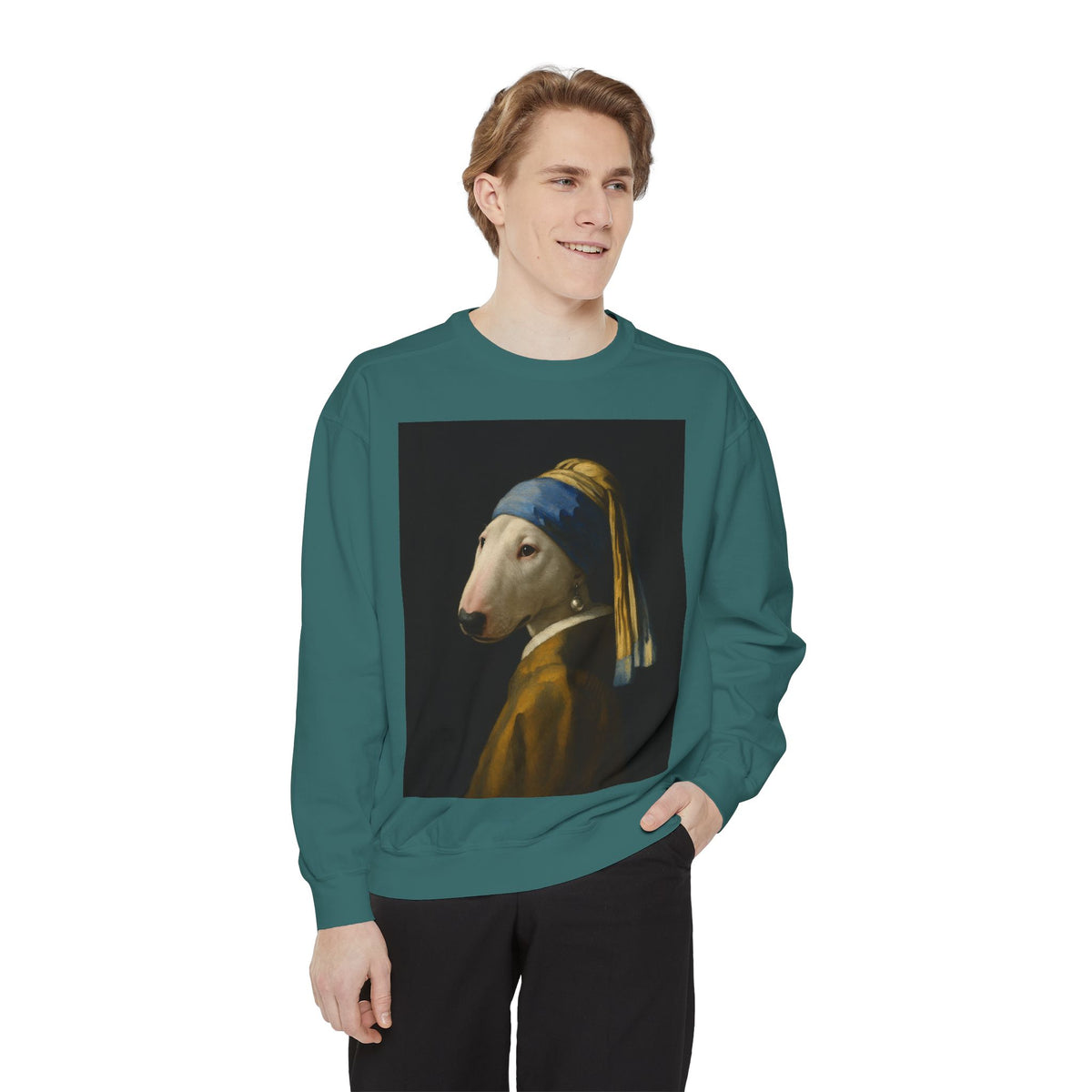 Bull Terrier Girl with a Pearl Earring — after Johannes Vermeer, c.1665 | Crewneck