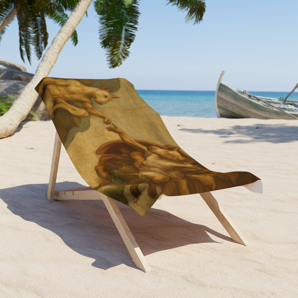 Bull Terrier The Creation of Adam — after Michelangelo, 1512 | Beach Towel
