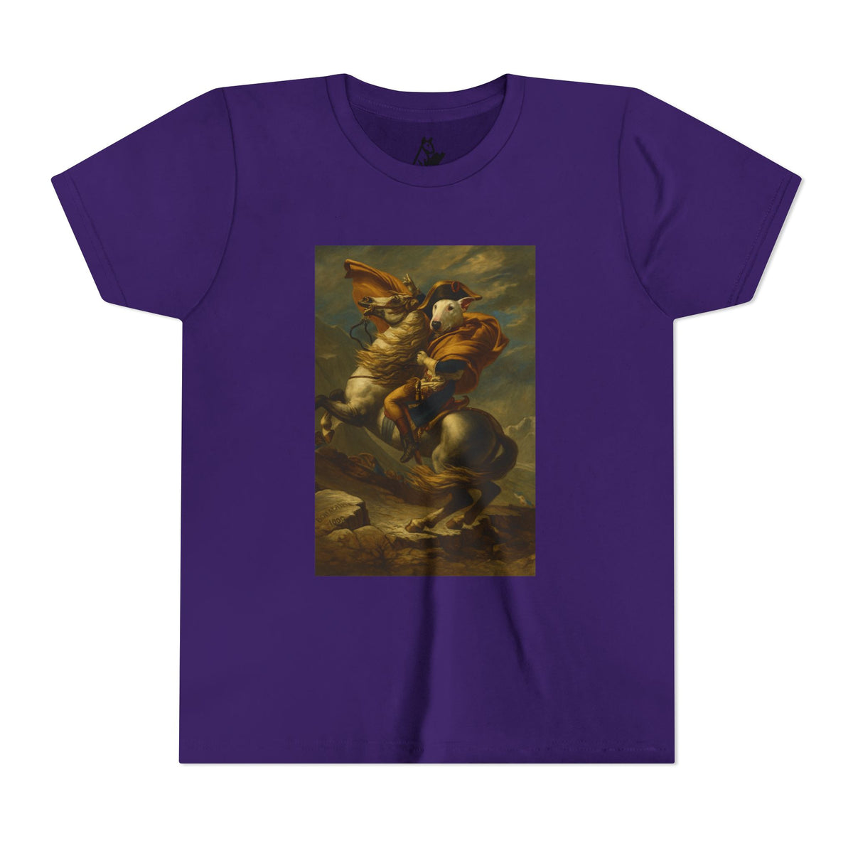 Bull Terrier Napoleon Crossing the Alps — after Jacques-Louis David, 1801 | Youth Tee