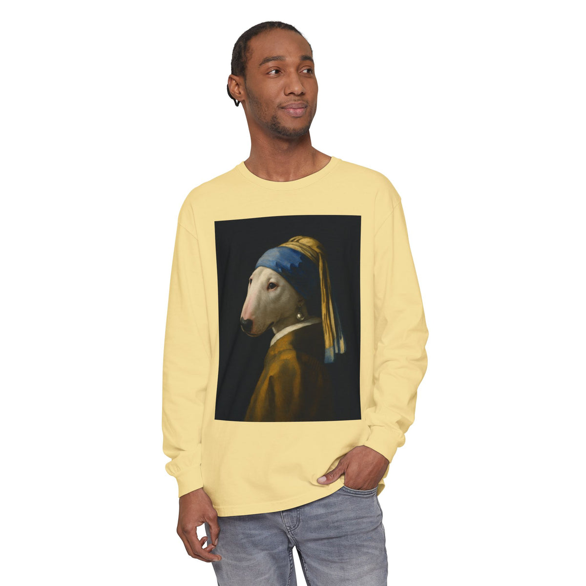 Bull Terrier Girl with a Pearl Earring — after Johannes Vermeer, c.1665 | Long Sleeve