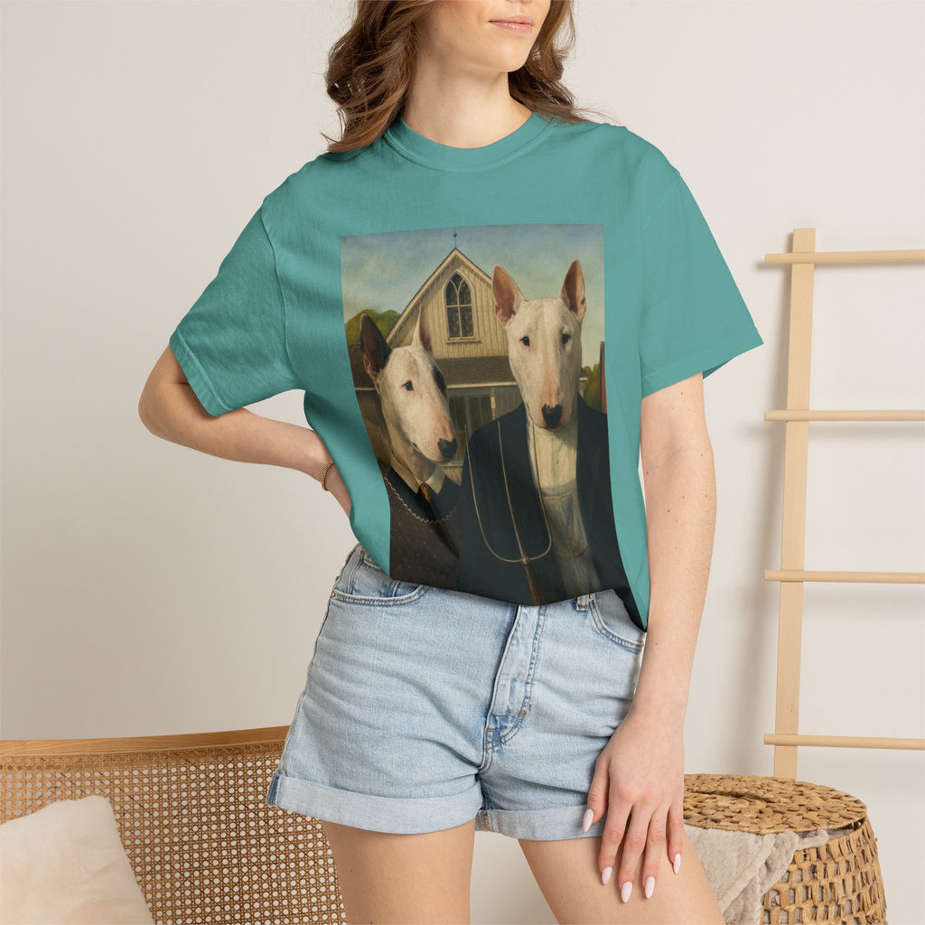 Bull Terrier American Gothic — after Grant Wood, 1930 | Garment-Dyed Tee