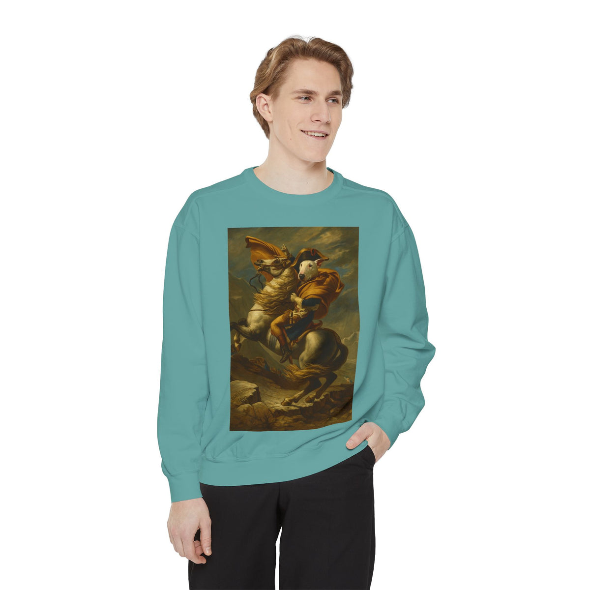 Bull Terrier Napoleon Crossing the Alps — after Jacques-Louis David, 1801 | Crewneck