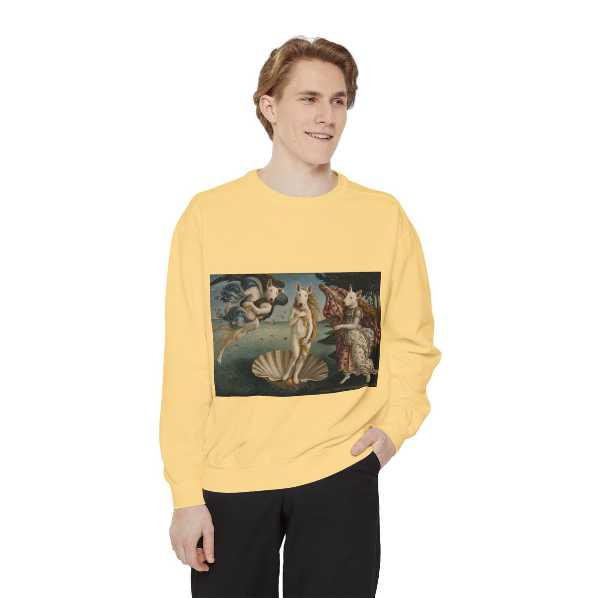 Bull Terrier The Birth of Venus — after Sandro Botticelli, c.1485 | Crewneck