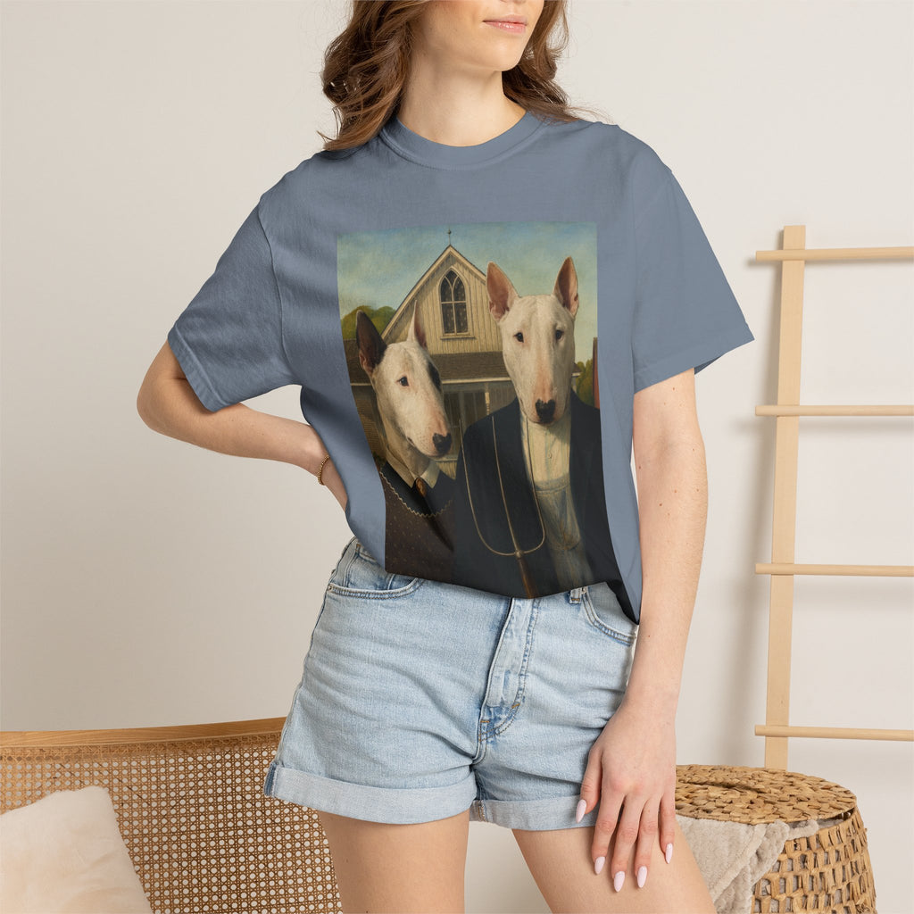 Bull Terrier American Gothic — after Grant Wood, 1930 | Garment-Dyed Tee