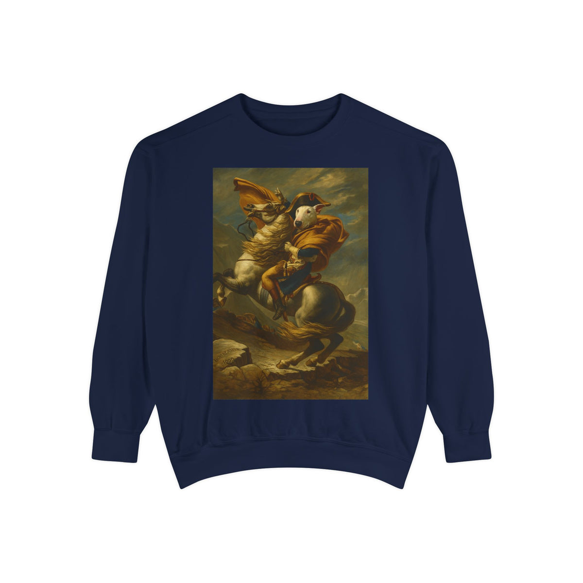 Bull Terrier Napoleon Crossing the Alps — after Jacques-Louis David, 1801 | Crewneck