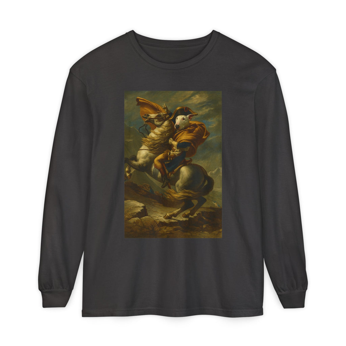Bull Terrier Napoleon Crossing the Alps — after Jacques-Louis David, 1801 | Long Sleeve
