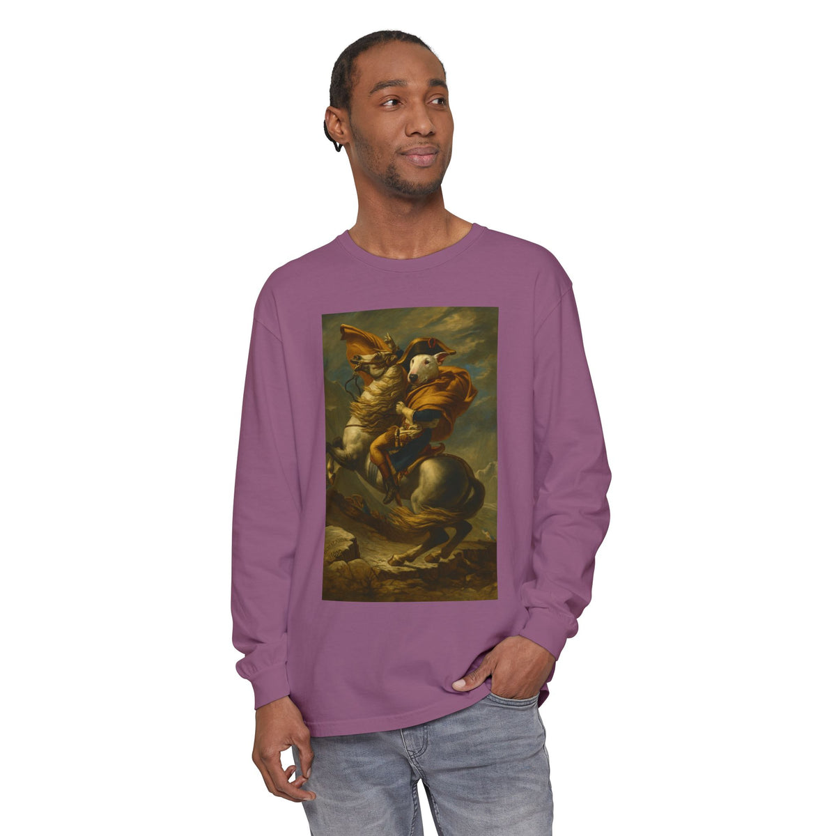Bull Terrier Napoleon Crossing the Alps — after Jacques-Louis David, 1801 | Long Sleeve