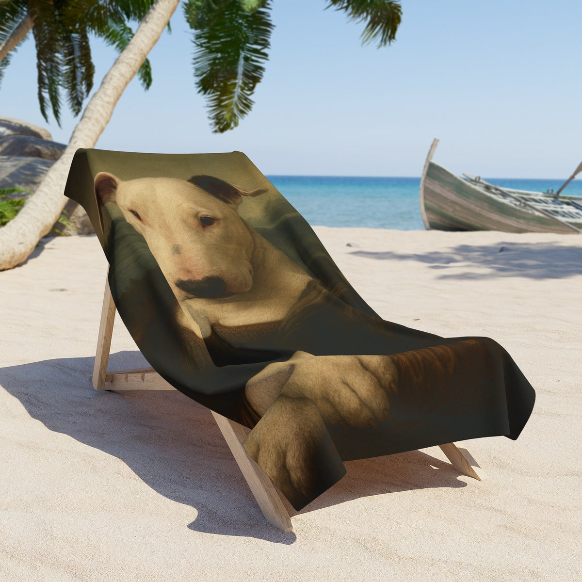 Bull Terrier Mona Lisa — after Leonardo da Vinci, c.1503 | Beach Towel