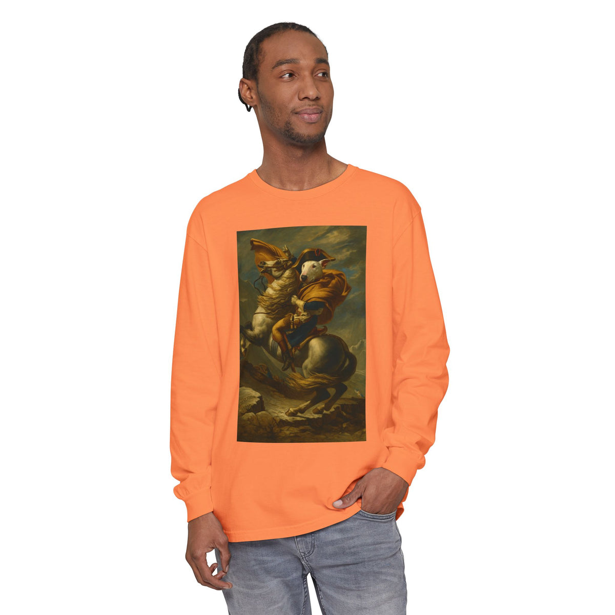 Bull Terrier Napoleon Crossing the Alps — after Jacques-Louis David, 1801 | Long Sleeve