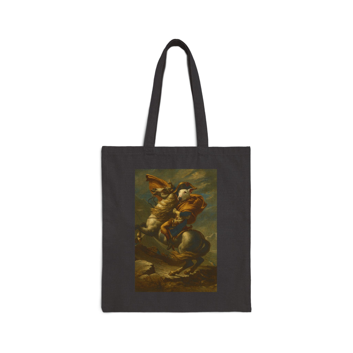 Bull Terrier Napoleon Crossing the Alps — after Jacques-Louis David, 1801 | Canvas Tote