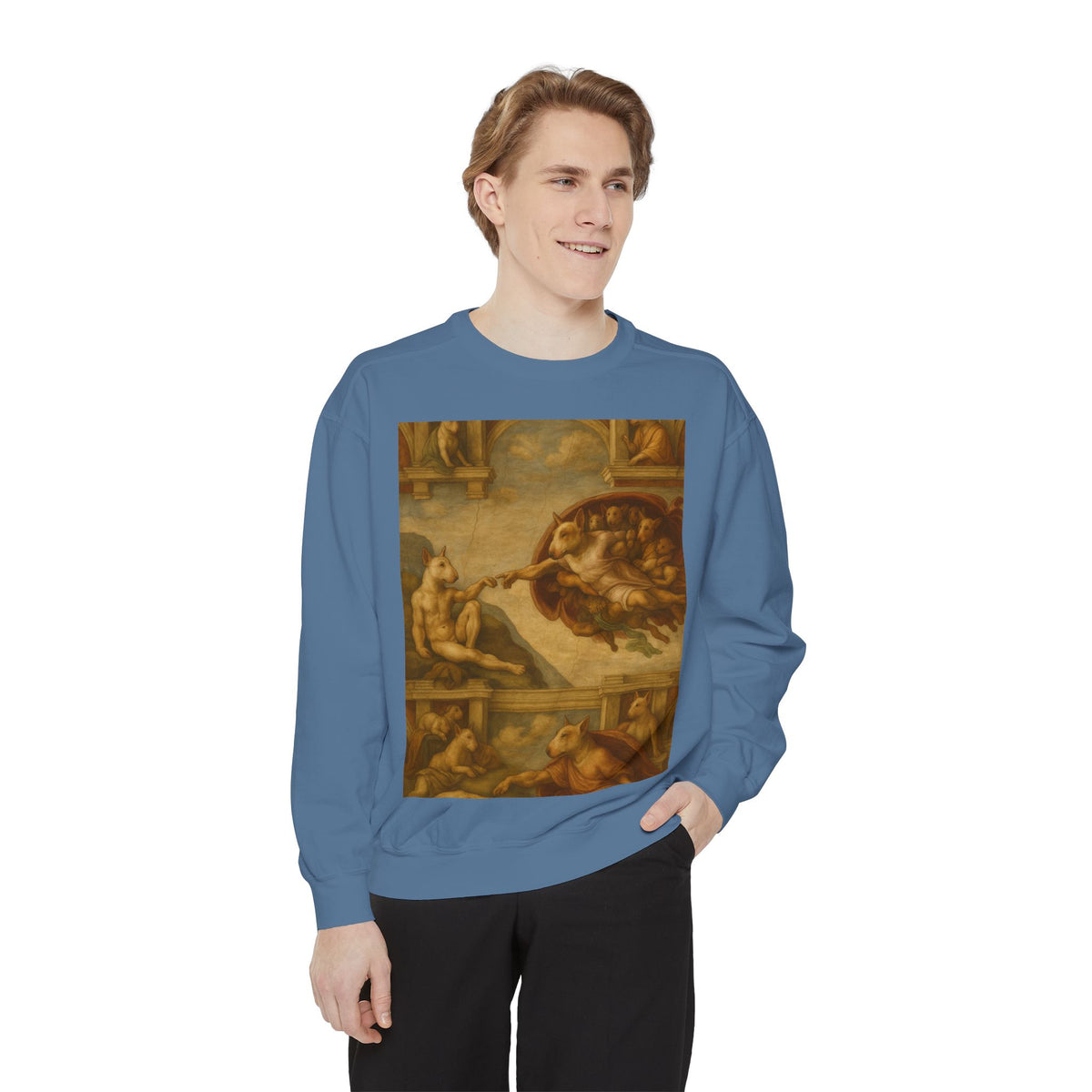 Bull Terrier The Creation of Adam — after Michelangelo, 1512 | Crewneck