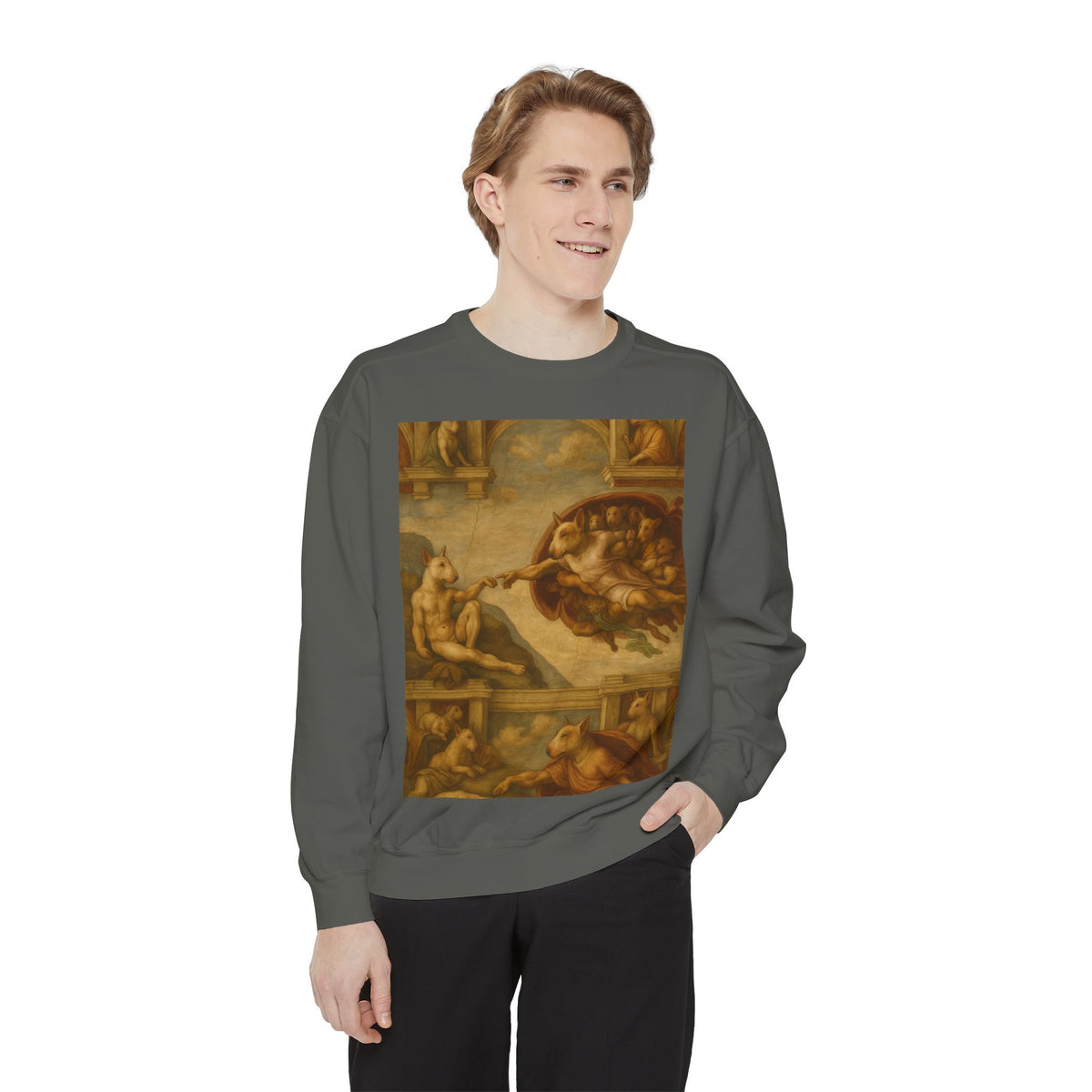 Bull Terrier The Creation of Adam — after Michelangelo, 1512 | Crewneck