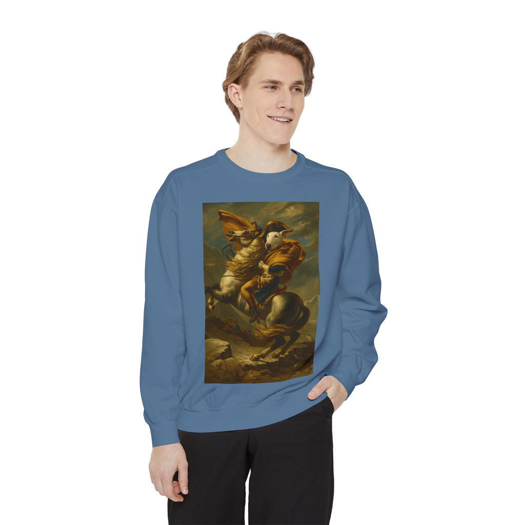 Bull Terrier Napoleon Crossing the Alps — after Jacques-Louis David, 1801 | Crewneck