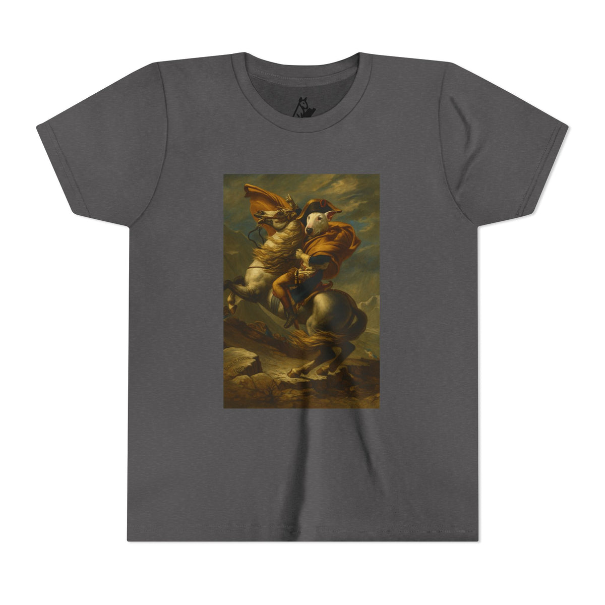 Bull Terrier Napoleon Crossing the Alps — after Jacques-Louis David, 1801 | Youth Tee
