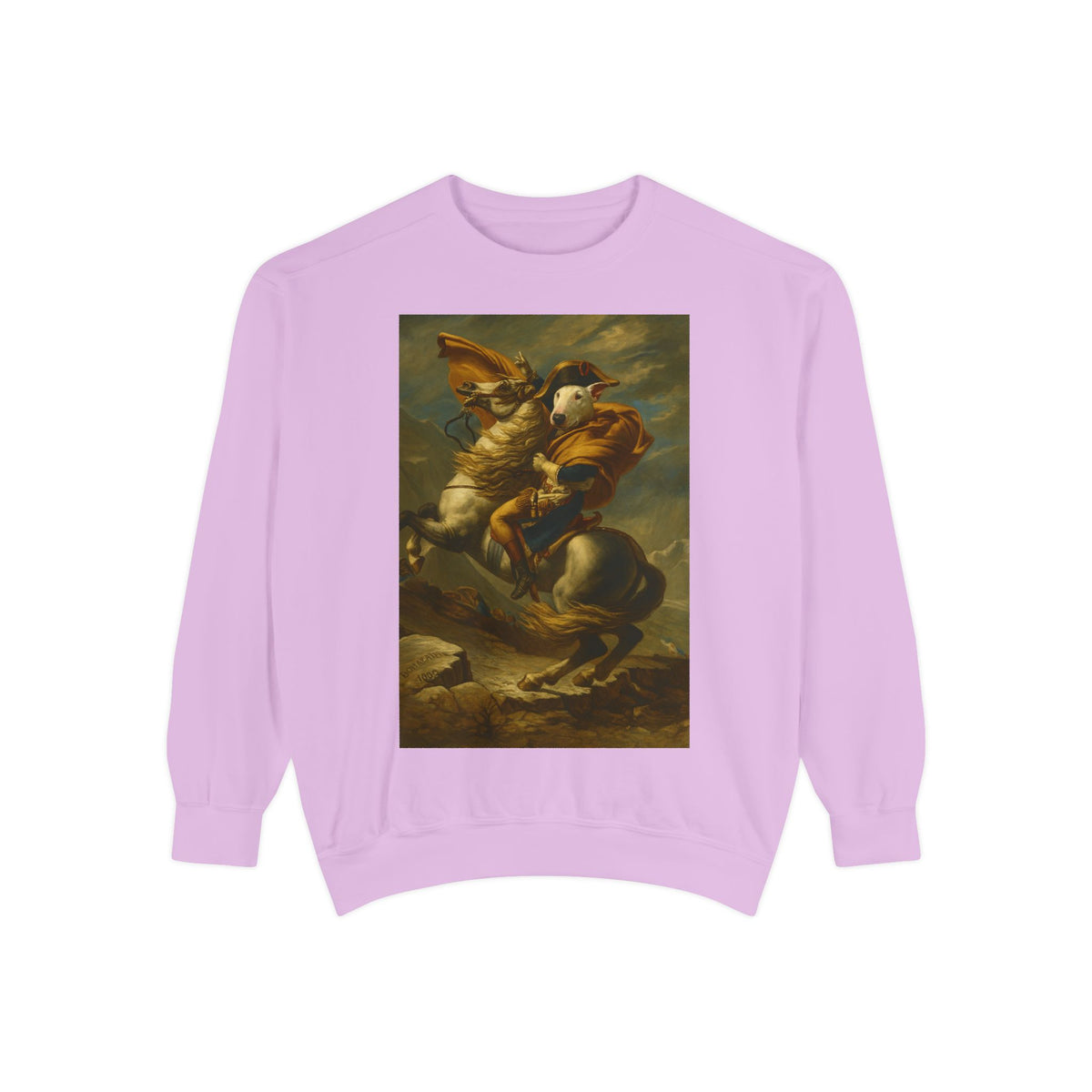 Bull Terrier Napoleon Crossing the Alps — after Jacques-Louis David, 1801 | Crewneck