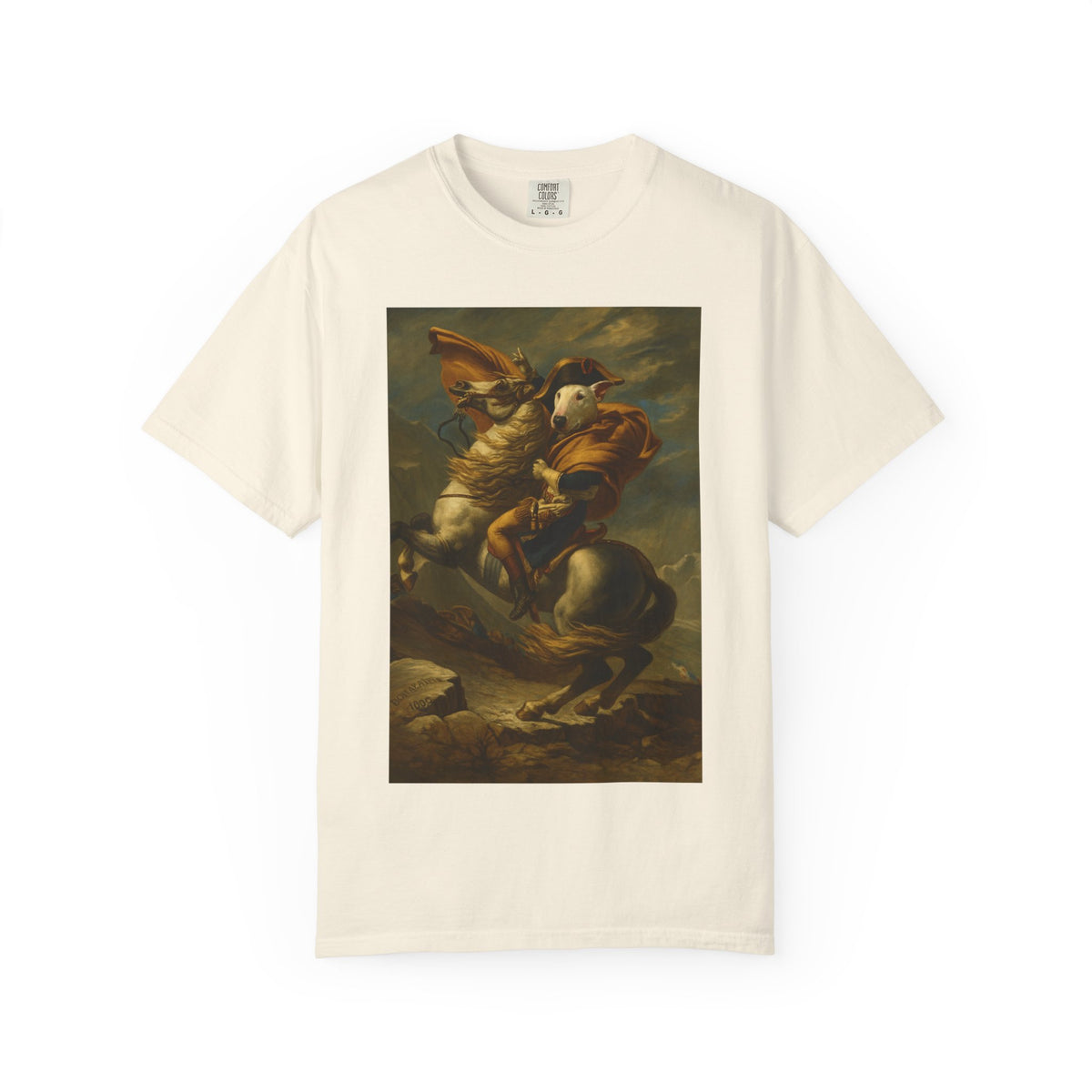 Bull Terrier Napoleon Crossing the Alps — after Jacques-Louis David, 1801 | Garment-Dyed Tee