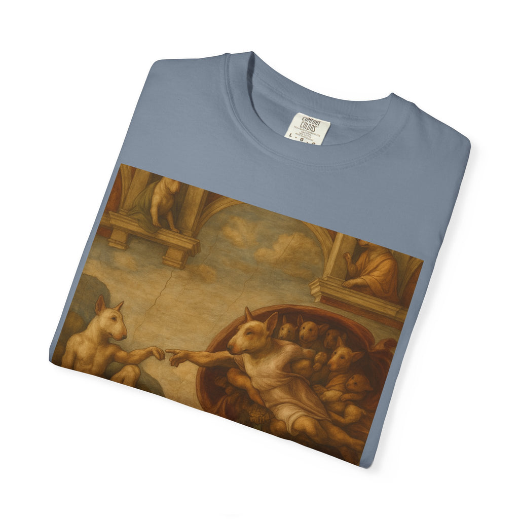Bull Terrier The Creation of Adam — after Michelangelo, 1512 | Garment-Dyed Tee