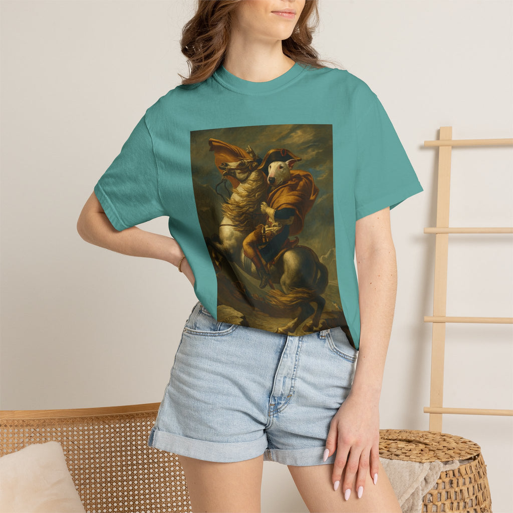 Bull Terrier Napoleon Crossing the Alps — after Jacques-Louis David, 1801 | Garment-Dyed Tee