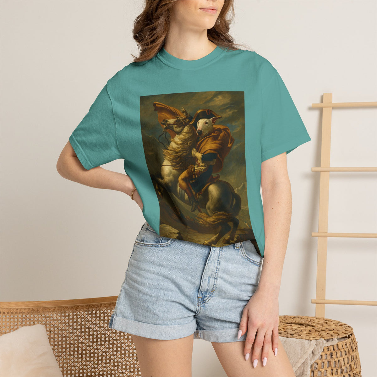 Bull Terrier Napoleon Crossing the Alps — after Jacques-Louis David, 1801 | Garment-Dyed Tee