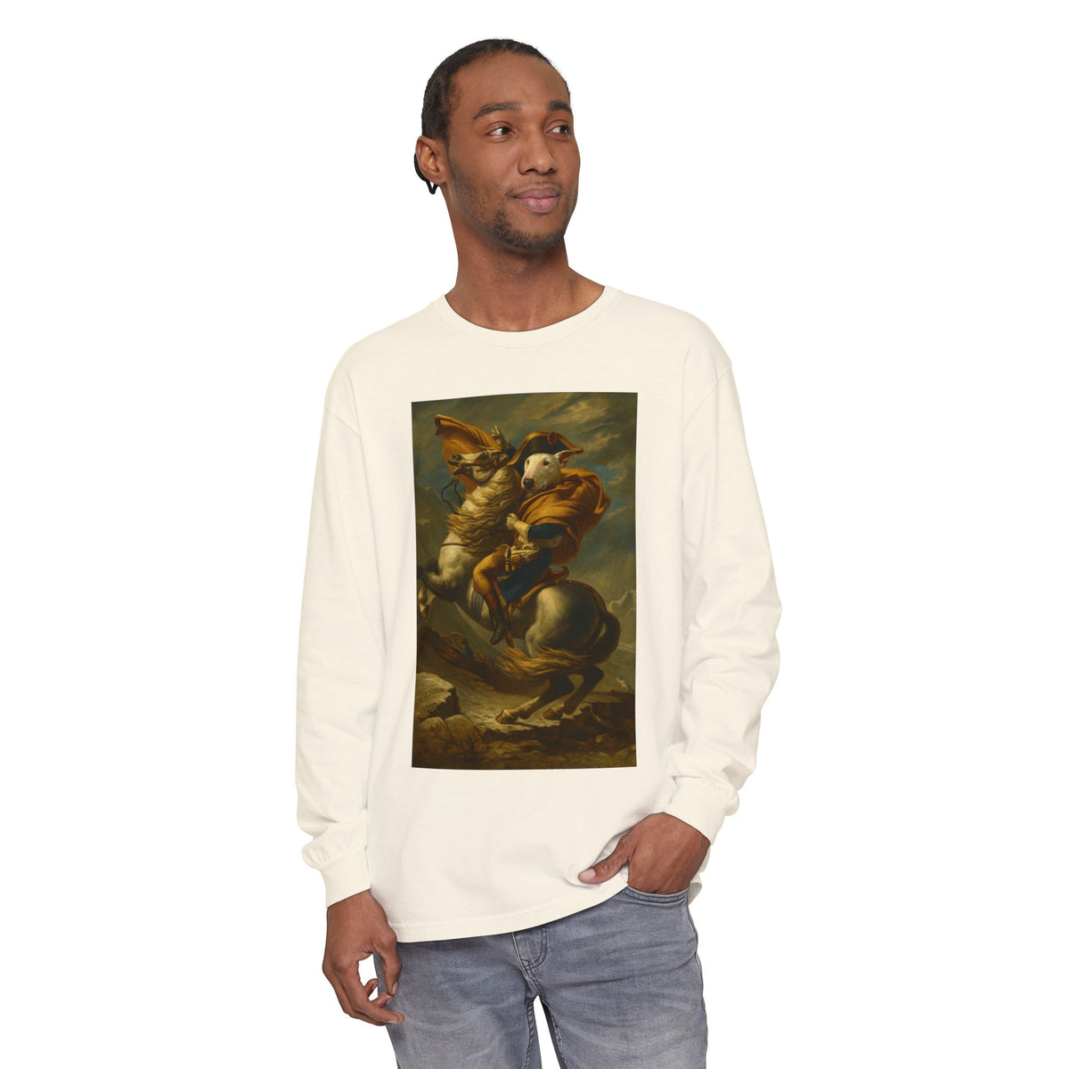 Bull Terrier Napoleon Crossing the Alps — after Jacques-Louis David, 1801 | Long Sleeve