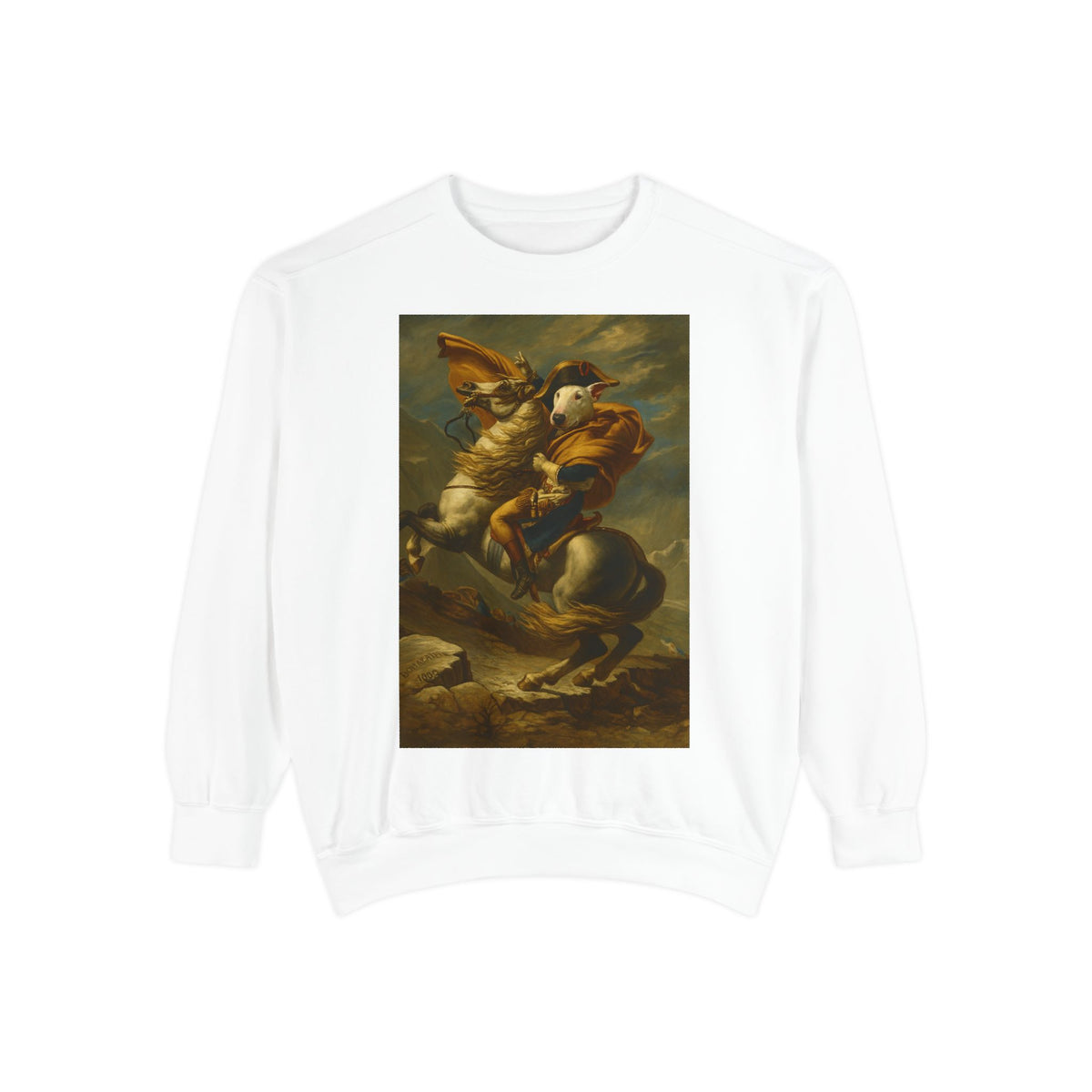 Bull Terrier Napoleon Crossing the Alps — after Jacques-Louis David, 1801 | Crewneck
