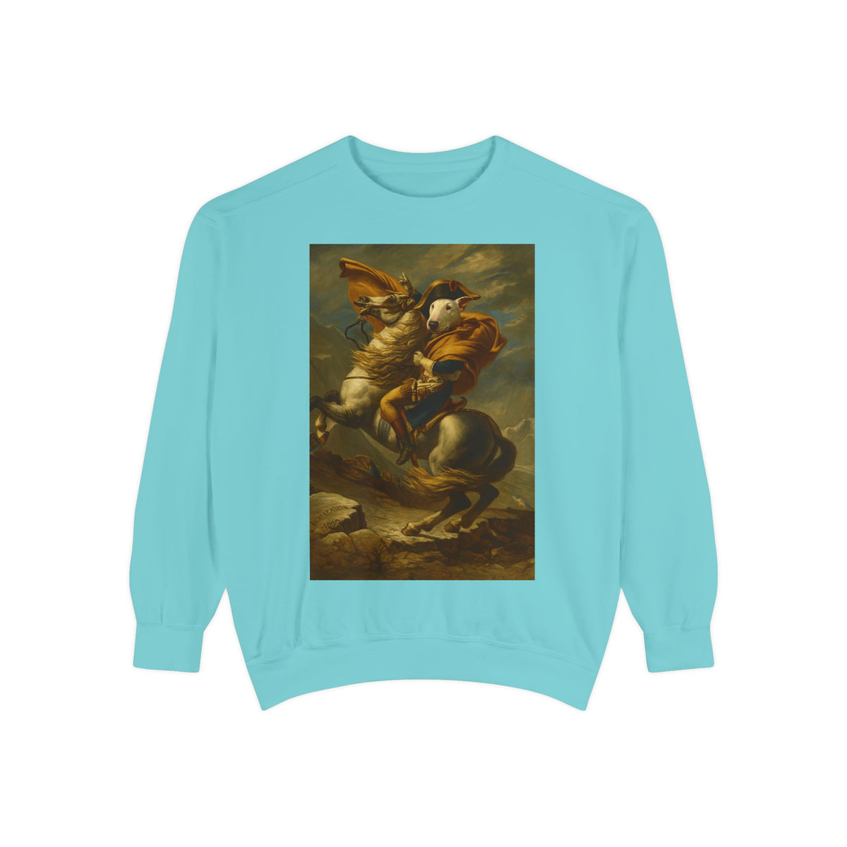 Bull Terrier Napoleon Crossing the Alps — after Jacques-Louis David, 1801 | Crewneck