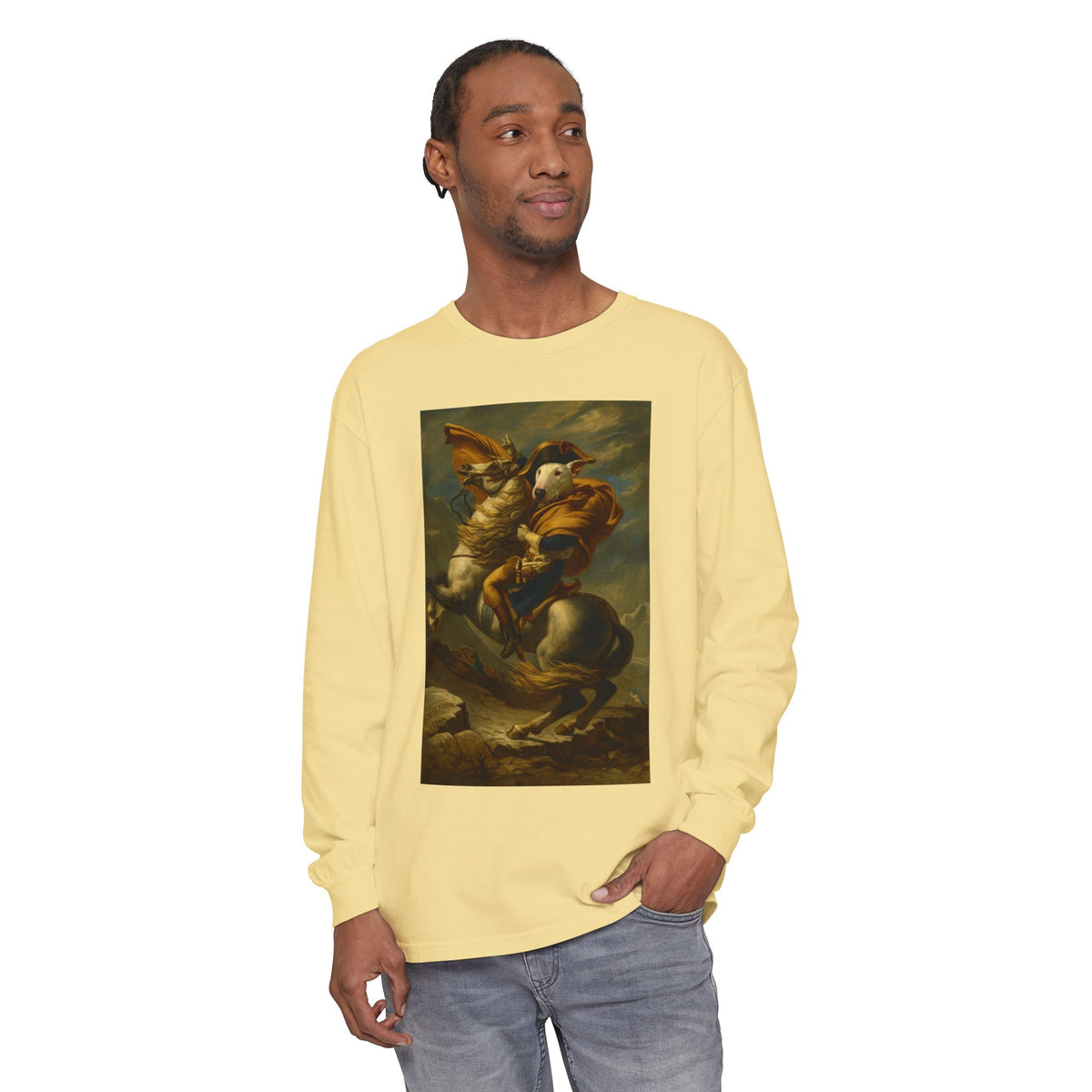 Bull Terrier Napoleon Crossing the Alps — after Jacques-Louis David, 1801 | Long Sleeve