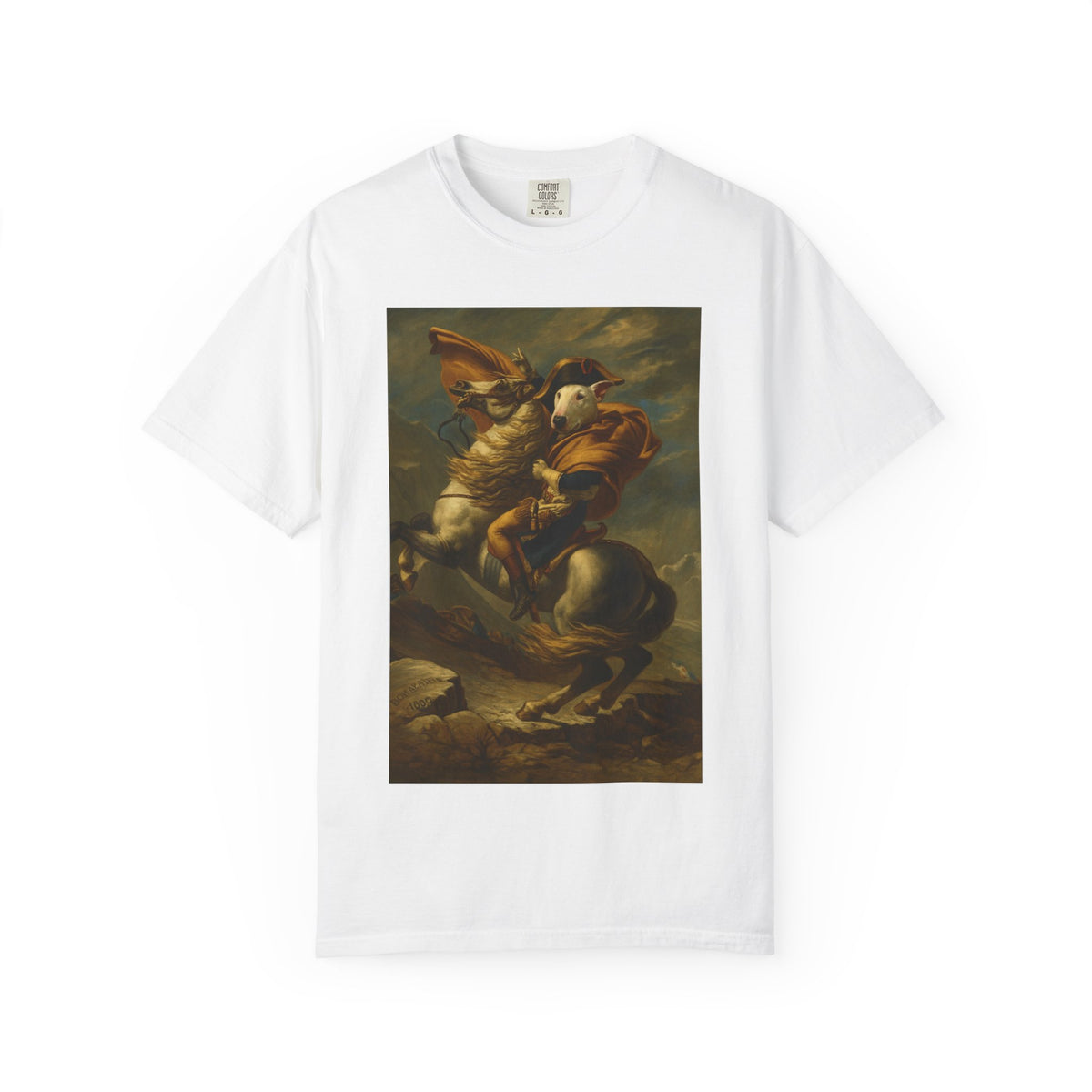 Bull Terrier Napoleon Crossing the Alps — after Jacques-Louis David, 1801 | Garment-Dyed Tee