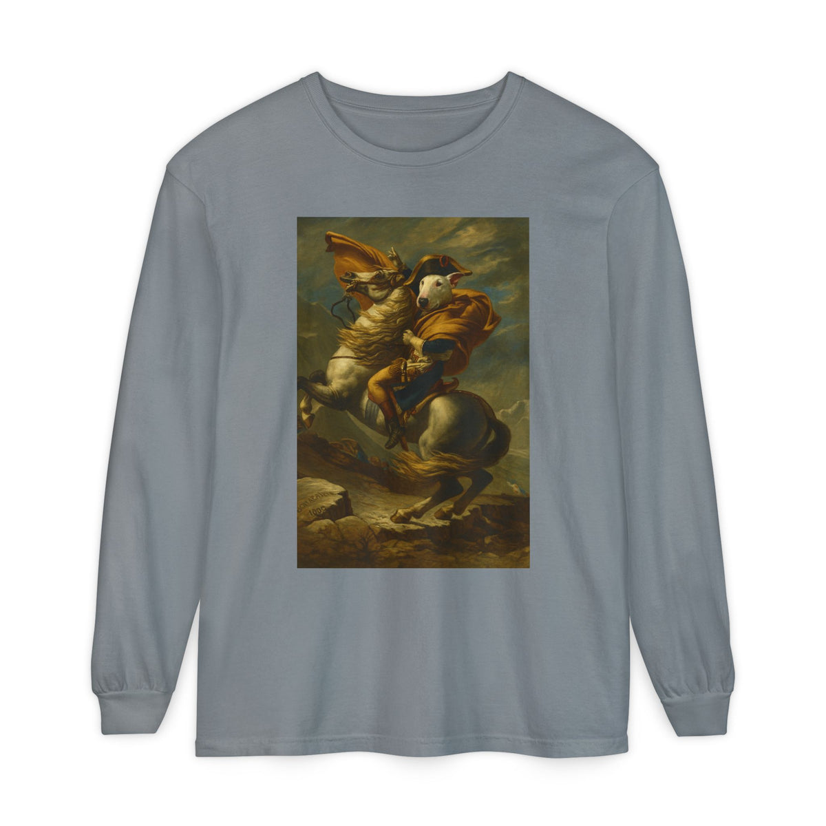 Bull Terrier Napoleon Crossing the Alps — after Jacques-Louis David, 1801 | Long Sleeve