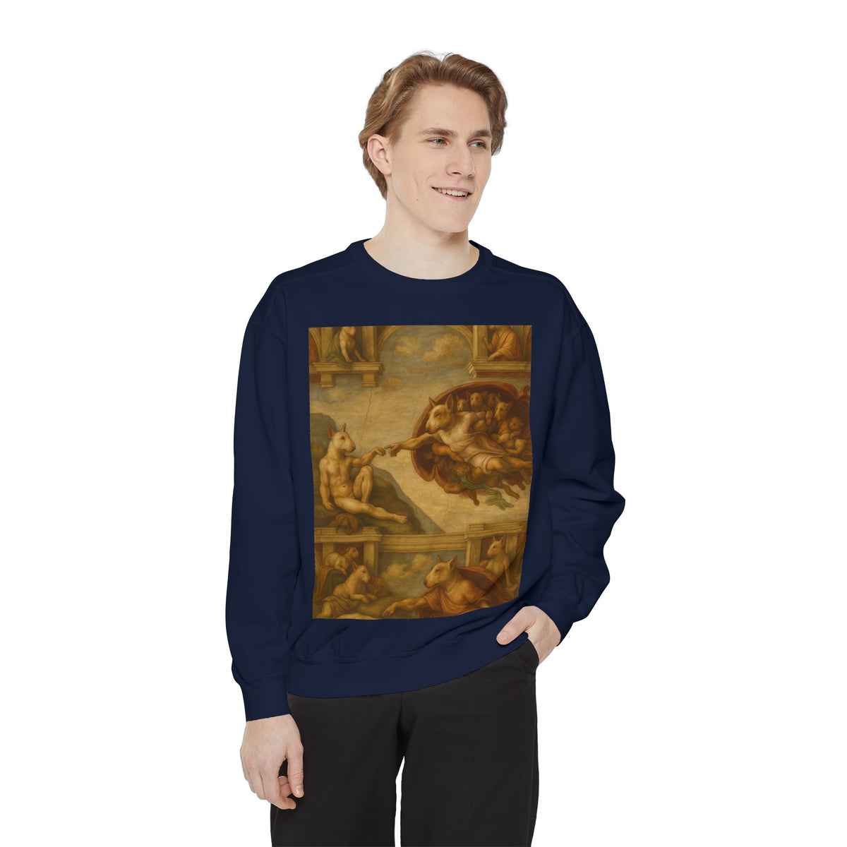 Bull Terrier The Creation of Adam — after Michelangelo, 1512 | Crewneck