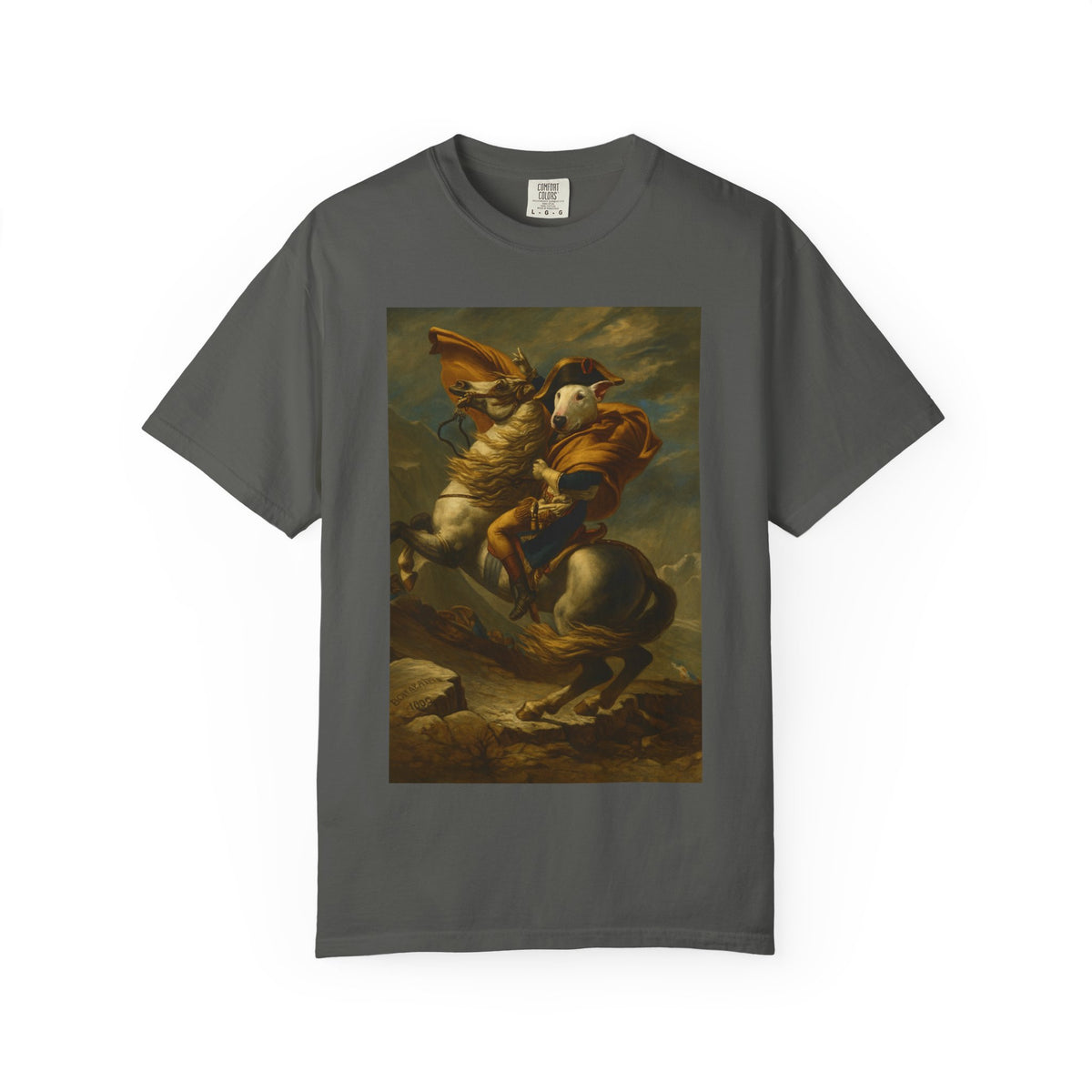 Bull Terrier Napoleon Crossing the Alps — after Jacques-Louis David, 1801 | Garment-Dyed Tee