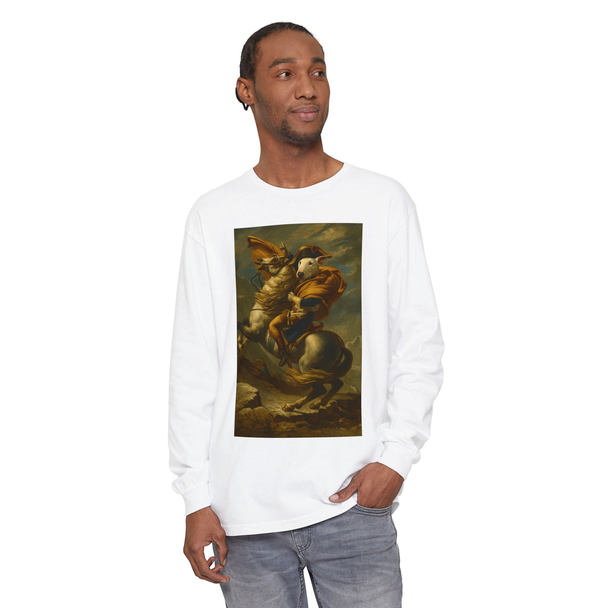 Bull Terrier Napoleon Crossing the Alps — after Jacques-Louis David, 1801 | Long Sleeve