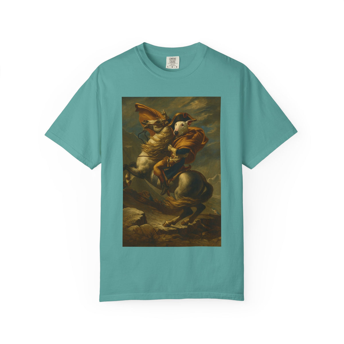 Bull Terrier Napoleon Crossing the Alps — after Jacques-Louis David, 1801 | Garment-Dyed Tee