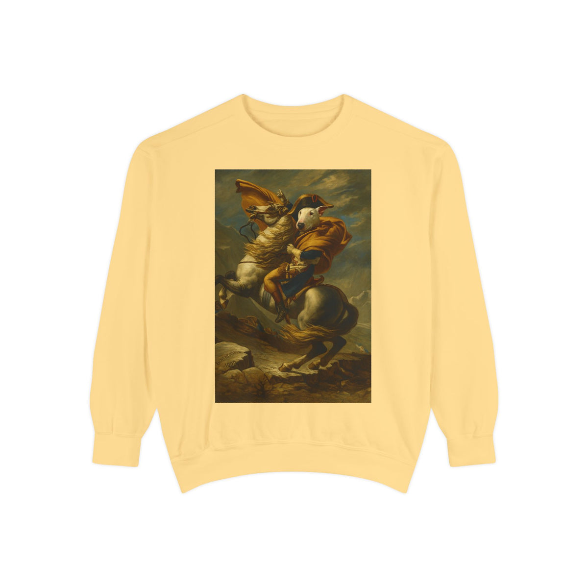 Bull Terrier Napoleon Crossing the Alps — after Jacques-Louis David, 1801 | Crewneck